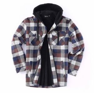 Men’s brown and blue fleece lined hoodie flannel jacket side pockets size L